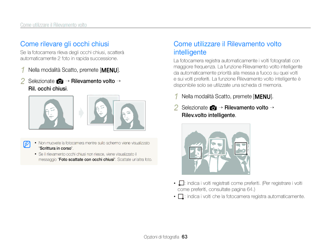 Samsung EC-ST96ZZBPBE1 manual Come rilevare gli occhi chiusi, Come utilizzare il Rilevamento volto intelligente 