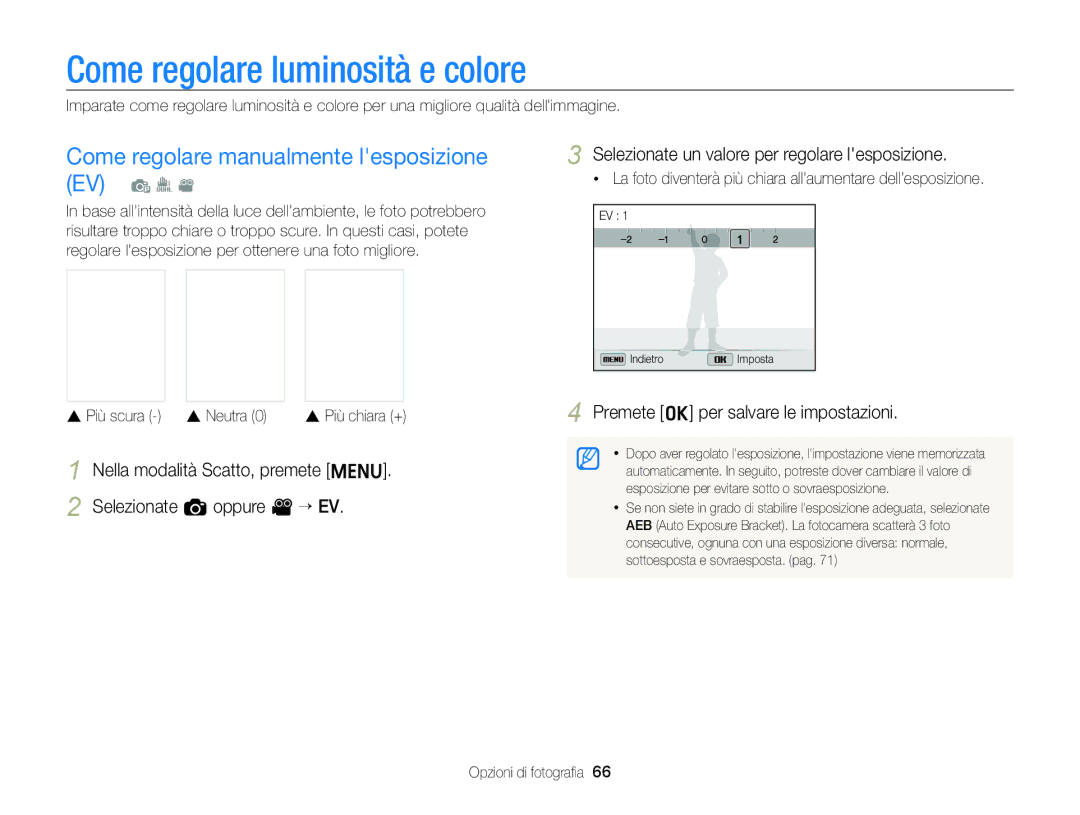 Samsung EC-ST96ZZBPBE1 Come regolare luminosità e colore, Come regolare manualmente lesposizione EV p I, Neutra 