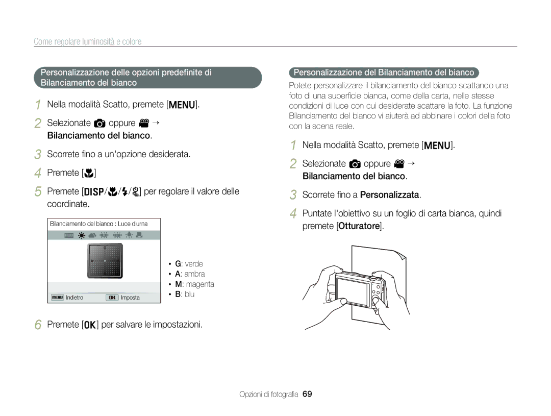Samsung EC-ST96ZZBPBE1 manual Personalizzazione del Bilanciamento del bianco, Verde Ambra Magenta Blu 