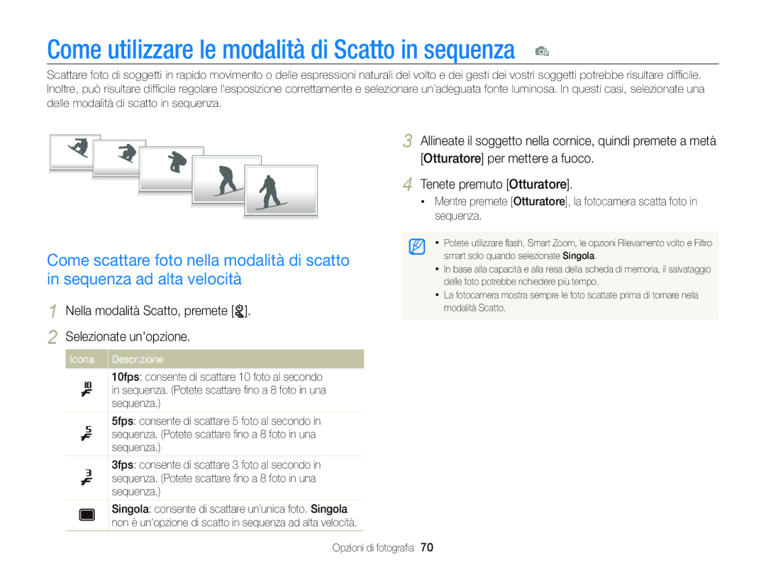 Samsung EC-ST96ZZBPBE1 manual Come utilizzare le modalità di Scatto in sequenza 