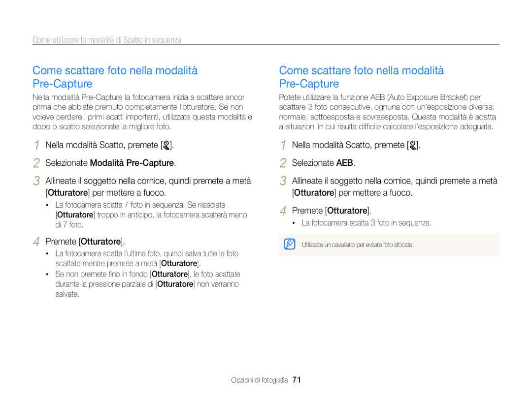 Samsung EC-ST96ZZBPBE1 Come scattare foto nella modalità Pre-Capture, Come utilizzare le modalità di Scatto in sequenza 