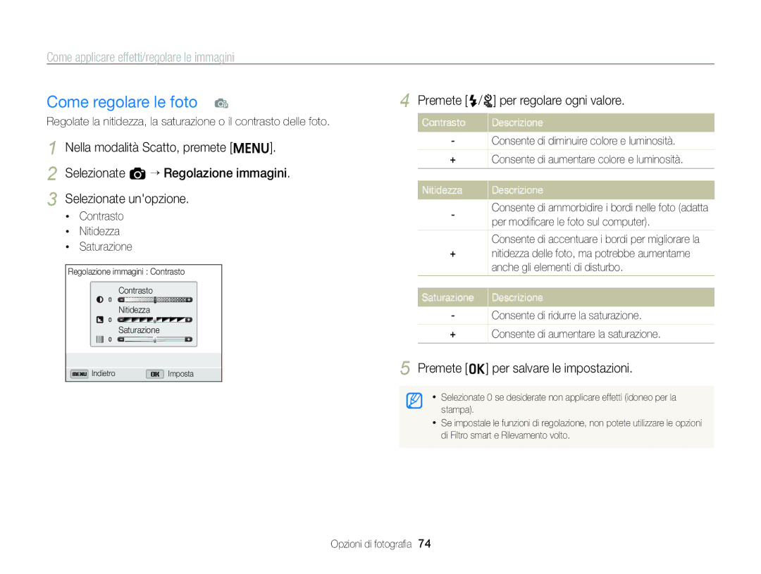 Samsung EC-ST96ZZBPBE1 Come regolare le foto p, Premete F/t per regolare ogni valore, Contrasto, Nitidezza Descrizione 