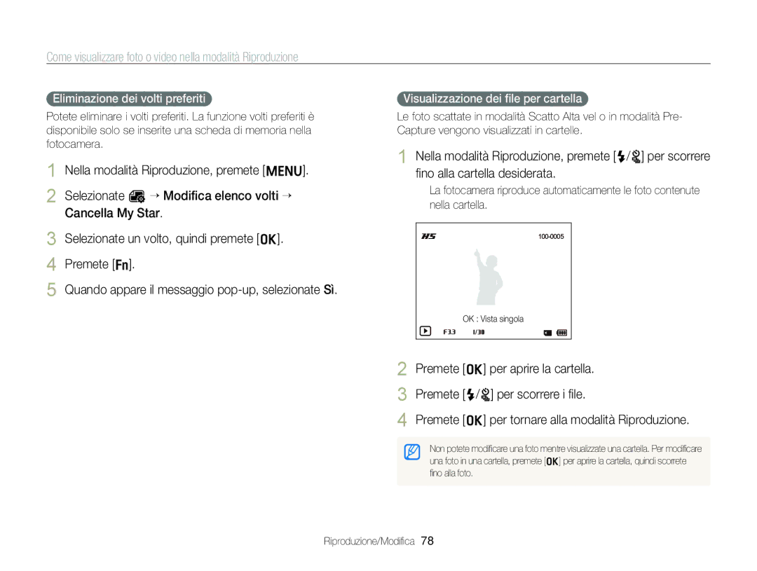 Samsung EC-ST96ZZBPBE1 manual Eliminazione dei volti preferiti, Visualizzazione dei ﬁle per cartella 