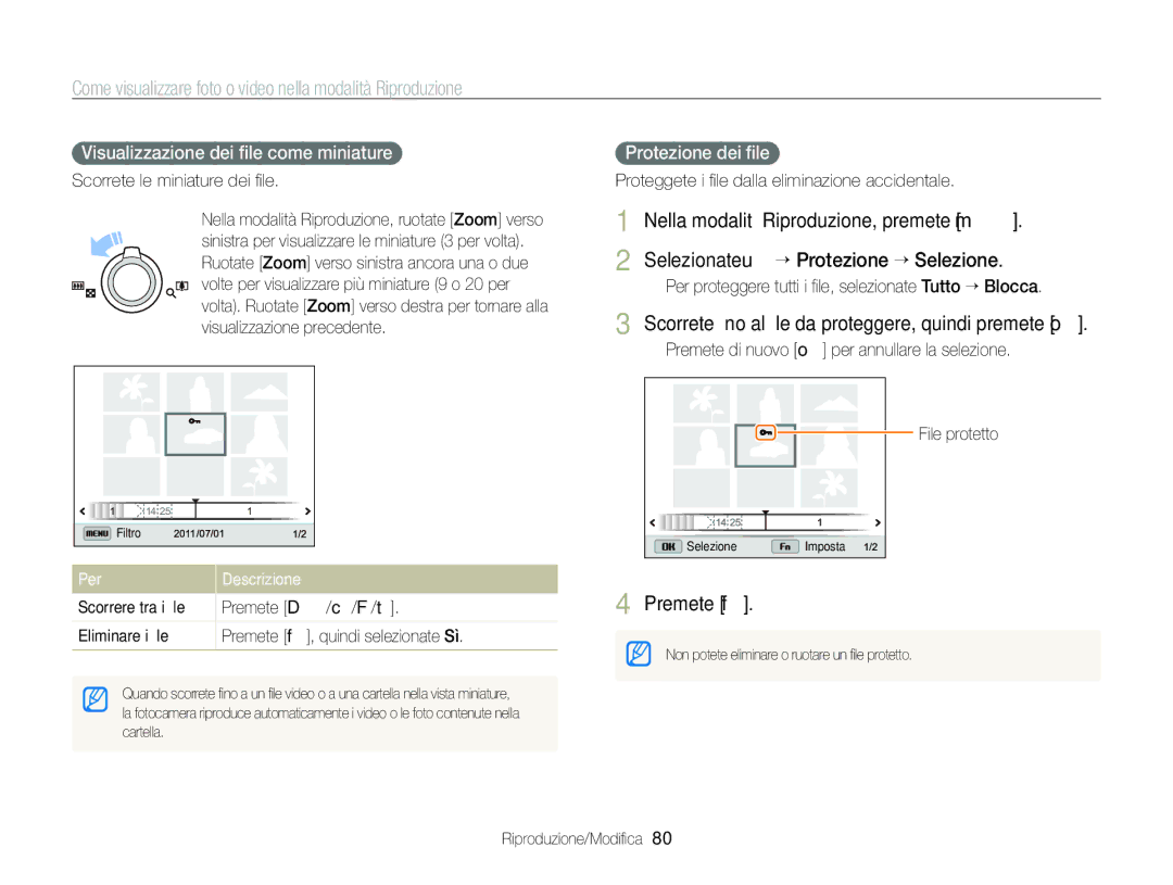 Samsung EC-ST96ZZBPBE1 manual Scorrete ﬁno al ﬁle da proteggere, quindi premete o, Visualizzazione dei ﬁle come miniature 