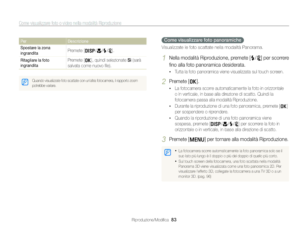Samsung EC-ST96ZZBPBE1 Premete o, Premete m per tornare alla modalità Riproduzione, Come visualizzare foto panoramiche 