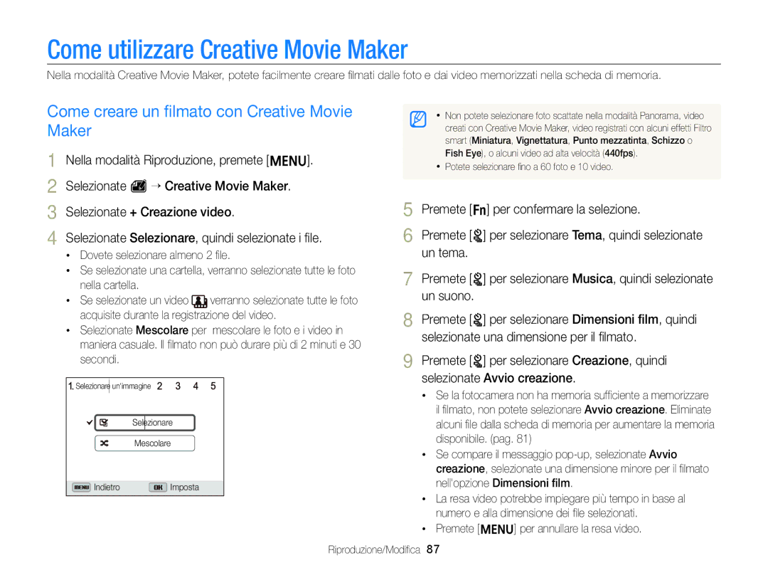 Samsung EC-ST96ZZBPBE1 manual Come utilizzare Creative Movie Maker, Come creare un ﬁlmato con Creative Movie 