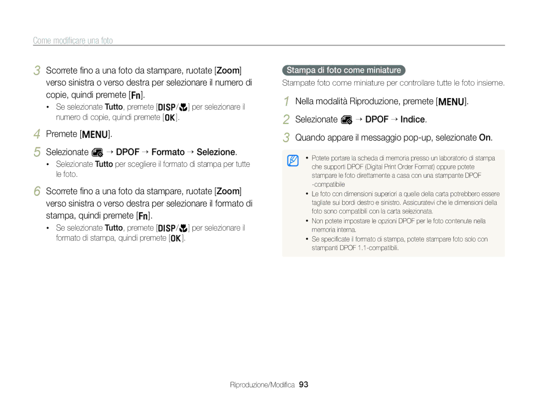 Samsung EC-ST96ZZBPBE1 manual Premete m Selezionate u “ Dpof “ Formato “ Selezione, Stampa di foto come miniature 