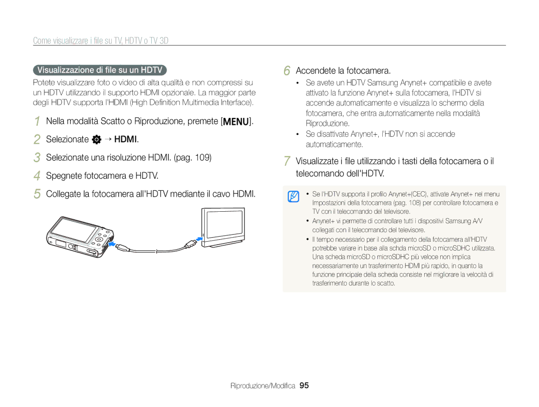 Samsung EC-ST96ZZBPBE1 manual Come visualizzare i ﬁle su TV, Hdtv o TV 3D, Visualizzazione di ﬁle su un Hdtv 