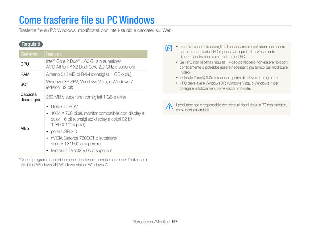 Samsung EC-ST96ZZBPBE1 manual Come trasferire ﬁle su PC Windows, Elemento Requisiti 