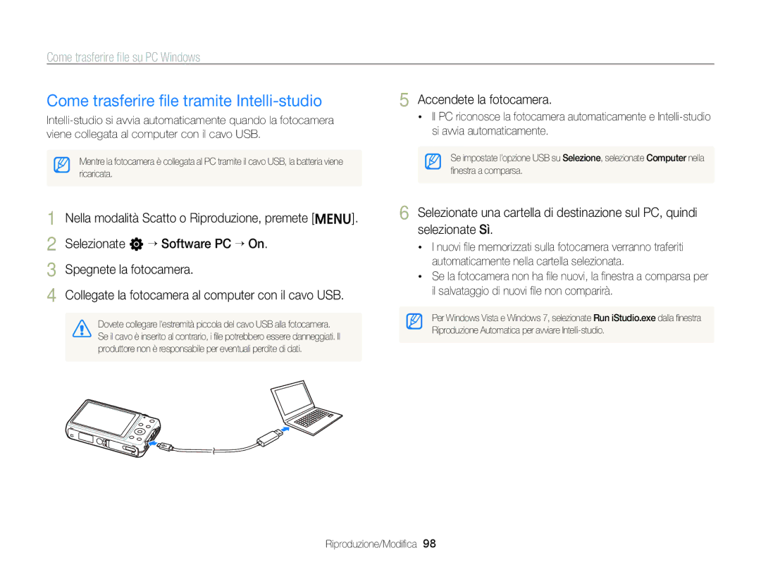 Samsung EC-ST96ZZBPBE1 manual Come trasferire ﬁle tramite Intelli-studio, Come trasferire ﬁle su PC Windows 