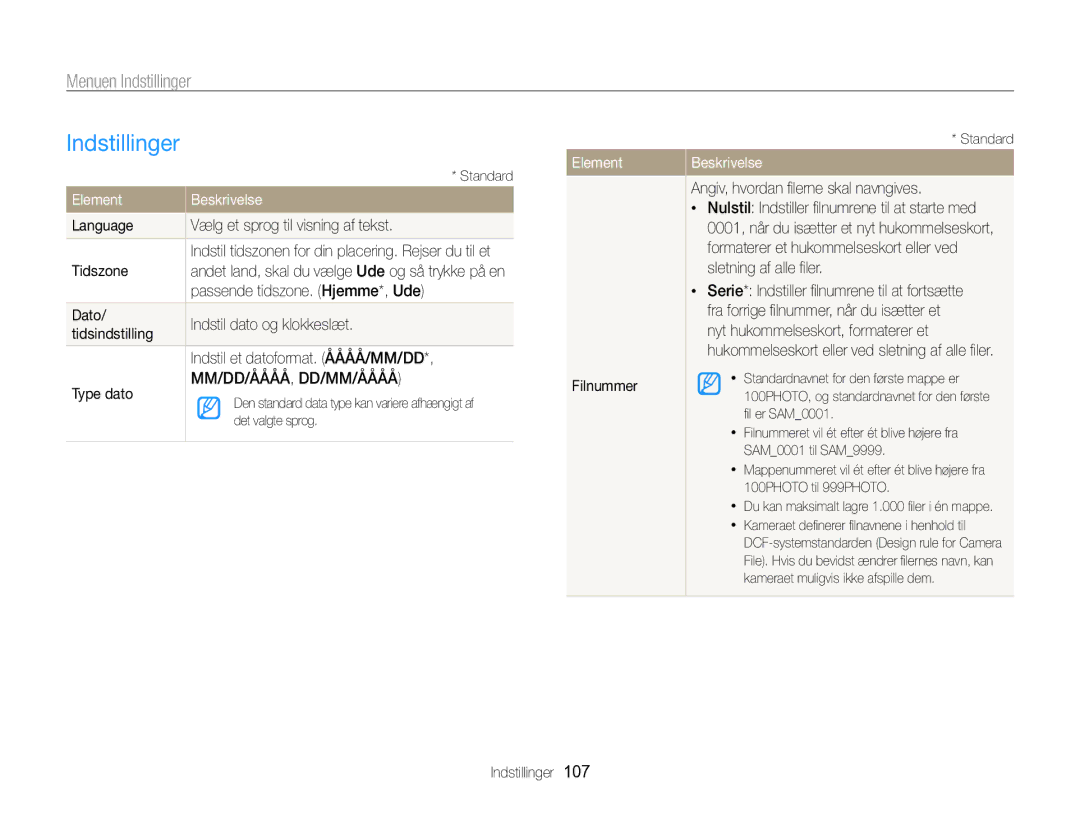 Samsung EC-ST96ZZBPBE2 manual Indstillinger, Element 