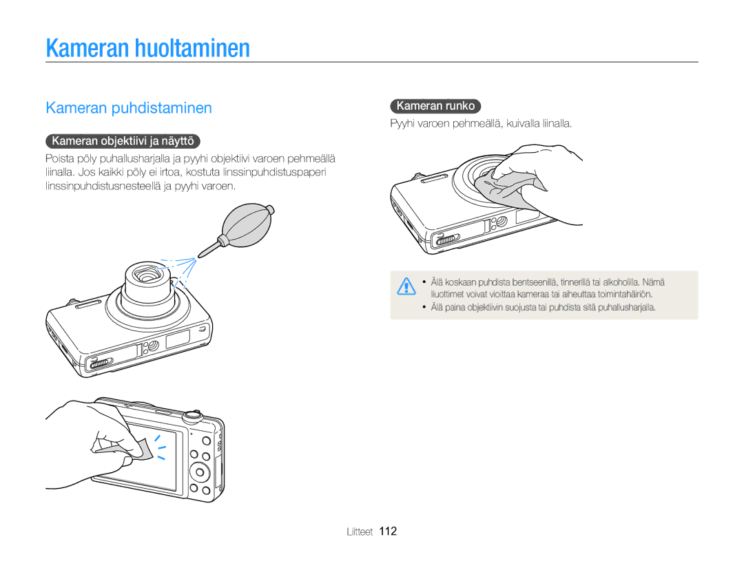 Samsung EC-ST96ZZBPBE2 manual Kameran huoltaminen, Kameran puhdistaminen, Kameran objektiivi ja näyttö, Kameran runko 