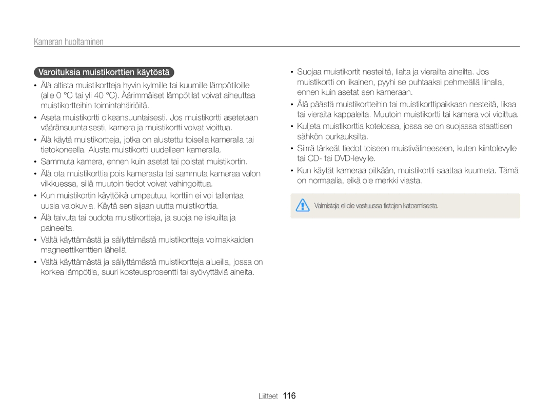 Samsung EC-ST96ZZBPBE2 manual Varoituksia muistikorttien käytöstä 