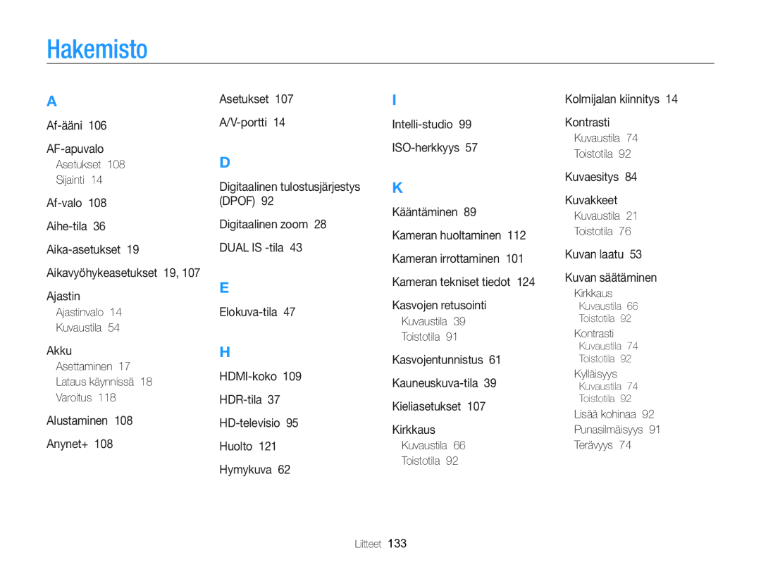 Samsung EC-ST96ZZBPBE2 manual Hakemisto 