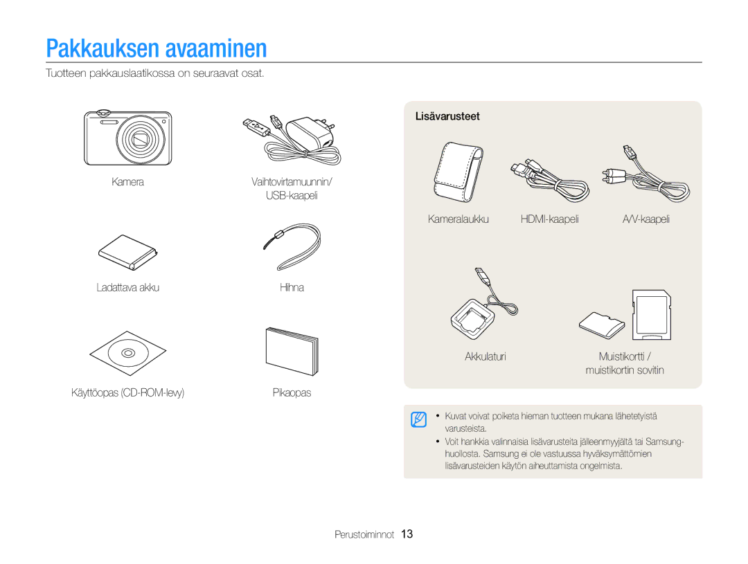 Samsung EC-ST96ZZBPBE2 manual Pakkauksen avaaminen, Ladattava akku, Akkulaturi, Käyttöopas CD-ROM-levy, Perustoiminnot 