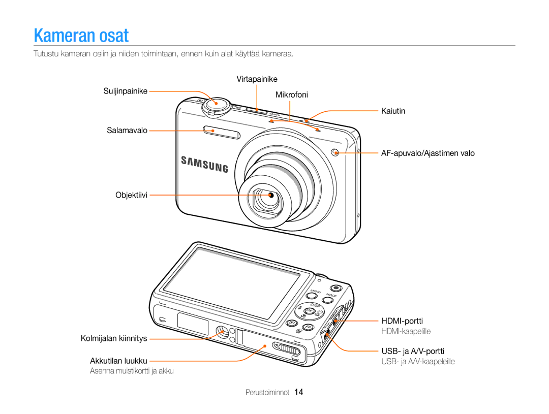 Samsung EC-ST96ZZBPBE2 manual Kameran osat, HDMI-kaapelille, USB- ja A/V-portti, Akkutilan luukku 