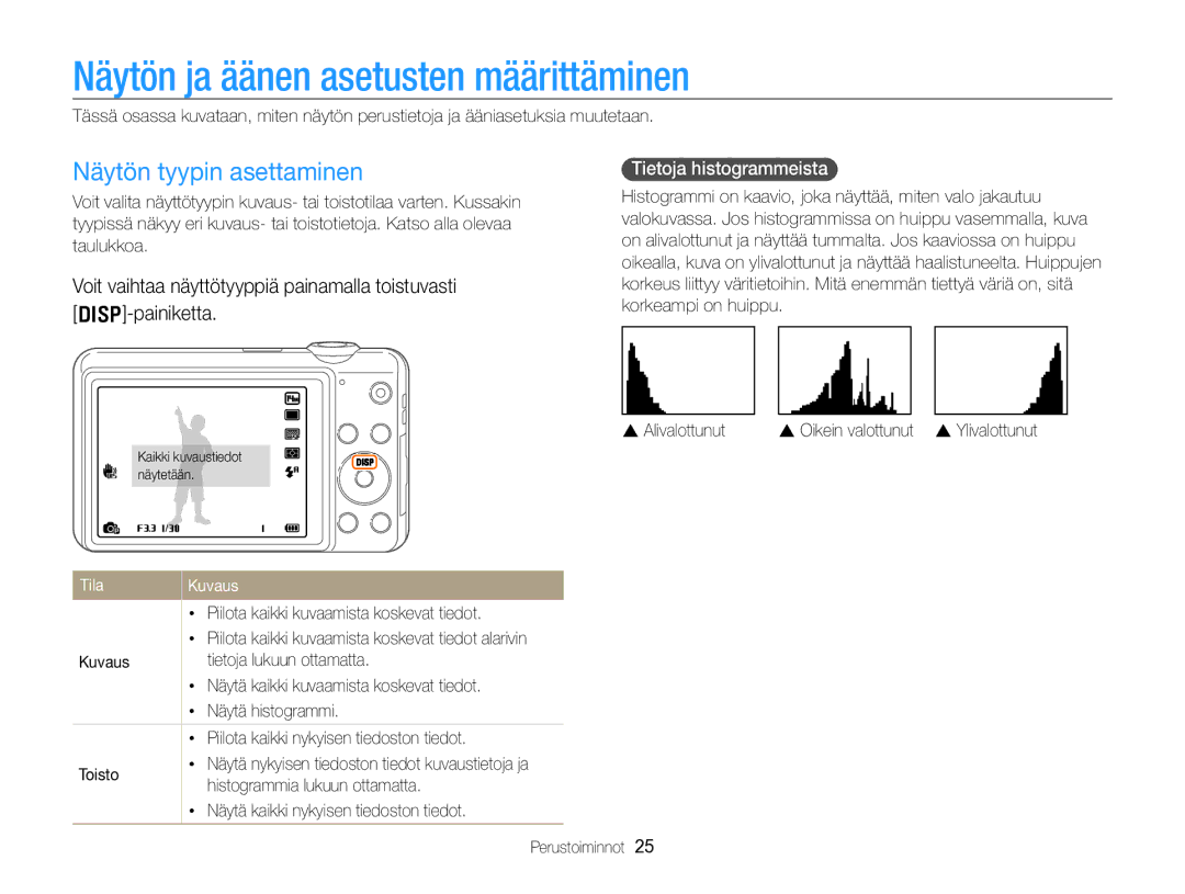 Samsung EC-ST96ZZBPBE2 manual Näytön ja äänen asetusten määrittäminen, Näytön tyypin asettaminen, Tietoja histogrammeista 