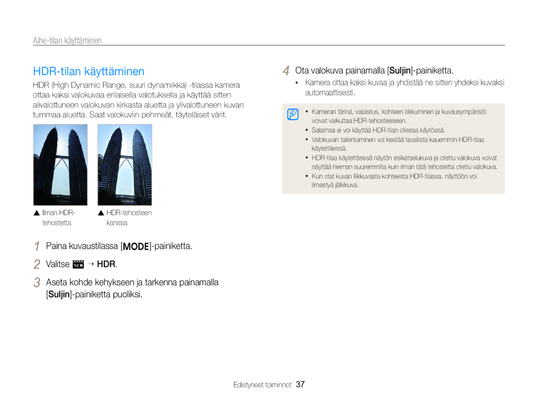 Samsung EC-ST96ZZBPBE2 HDR-tilan käyttäminen, Aihe-tilan käyttäminen, Paina kuvaustilassa M-painiketta, Valitse s “ HDR 