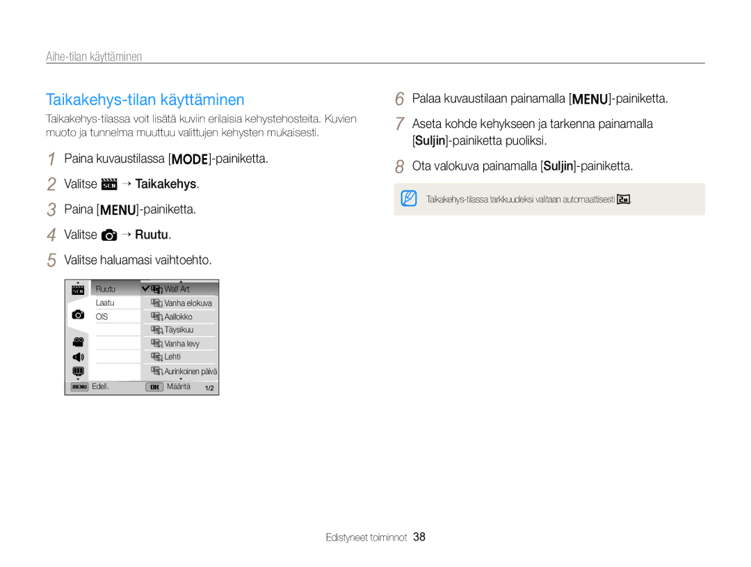 Samsung EC-ST96ZZBPBE2 manual Taikakehys-tilan käyttäminen 