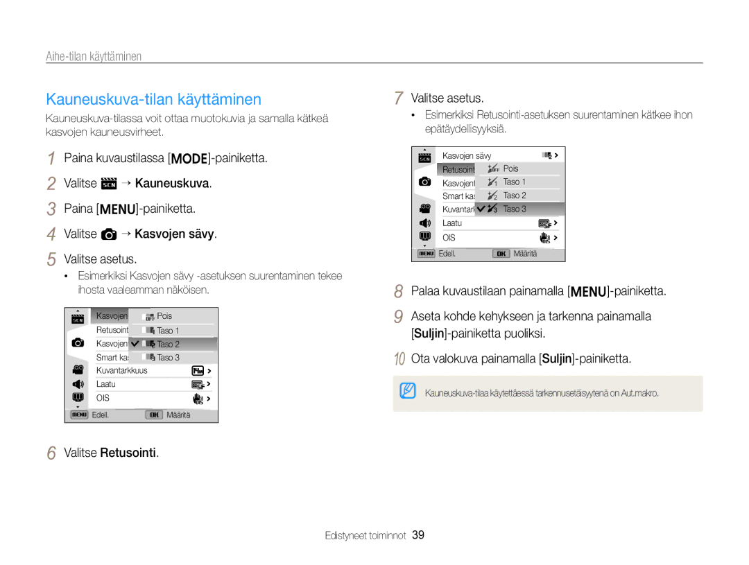 Samsung EC-ST96ZZBPBE2 manual Valitse Retusointi Valitse asetus 