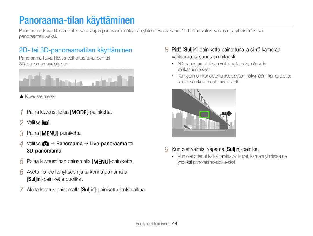 Samsung EC-ST96ZZBPBE2 manual Panoraama-tilan käyttäminen, 2D- tai 3D-panoraamatilan käyttäminen 