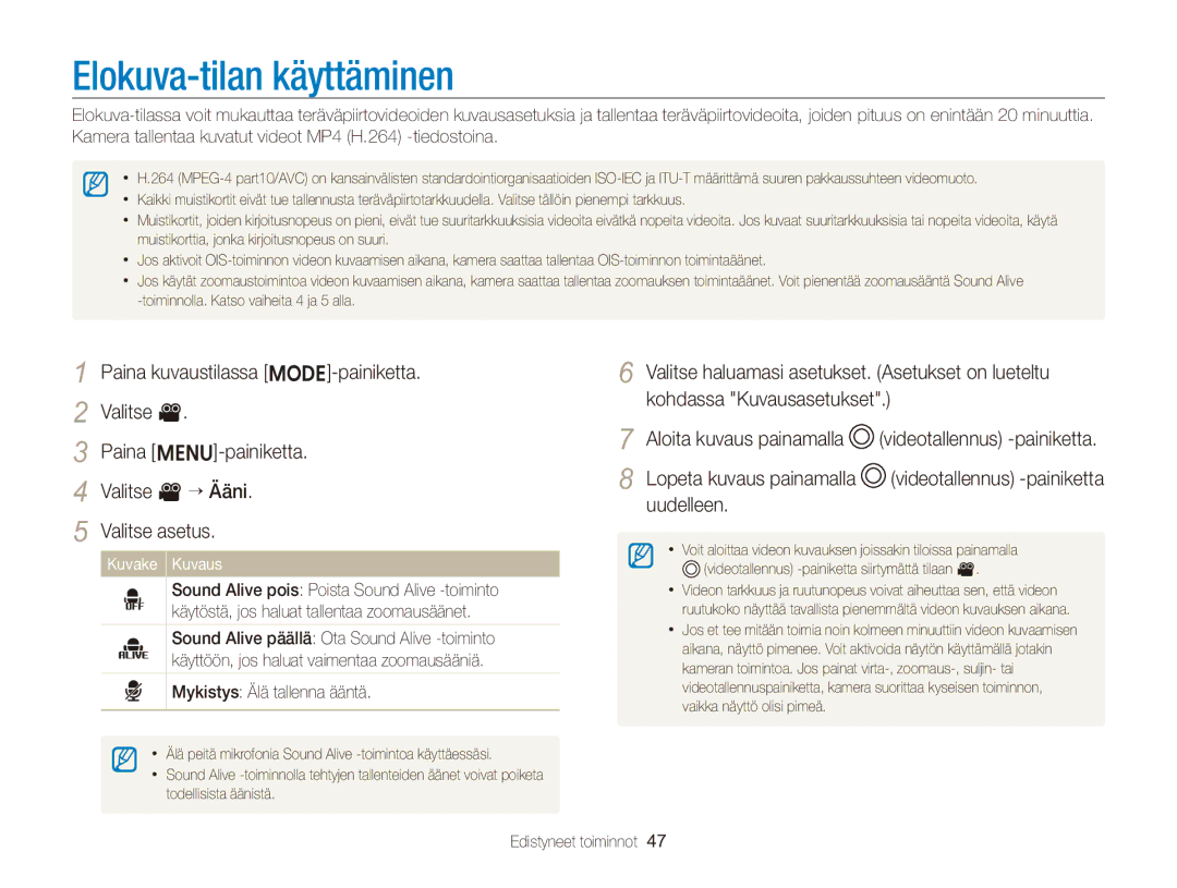 Samsung EC-ST96ZZBPBE2 manual Elokuva-tilan käyttäminen, Uudelleen, Mykistys Älä tallenna ääntä, Videotallennus -painiketta 