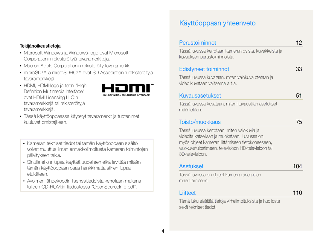 Samsung EC-ST96ZZBPBE2 manual Käyttöoppaan yhteenveto, 104, 110 