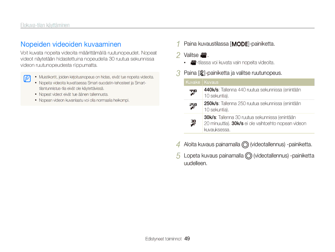 Samsung EC-ST96ZZBPBE2 manual Nopeiden videoiden kuvaaminen, Paina kuvaustilassa M-painiketta Valitse 