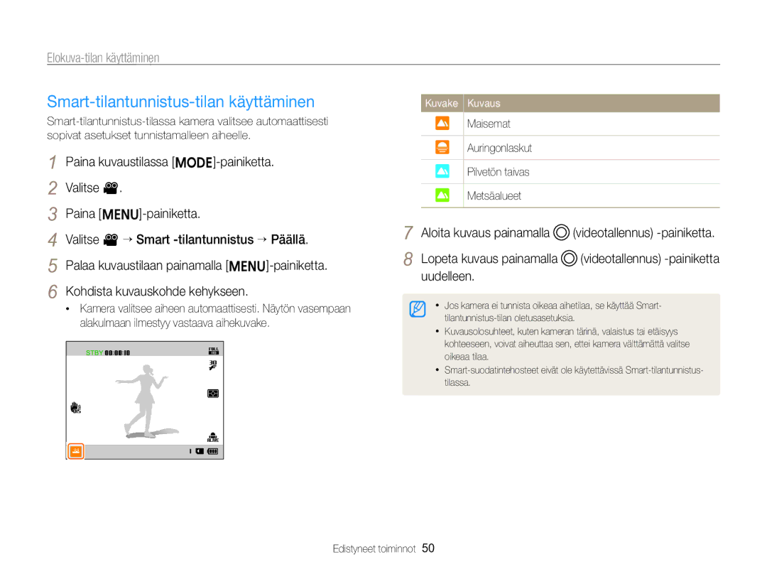 Samsung EC-ST96ZZBPBE2 manual Smart-tilantunnistus-tilan käyttäminen, Maisemat Auringonlaskut Pilvetön taivas Metsäalueet 