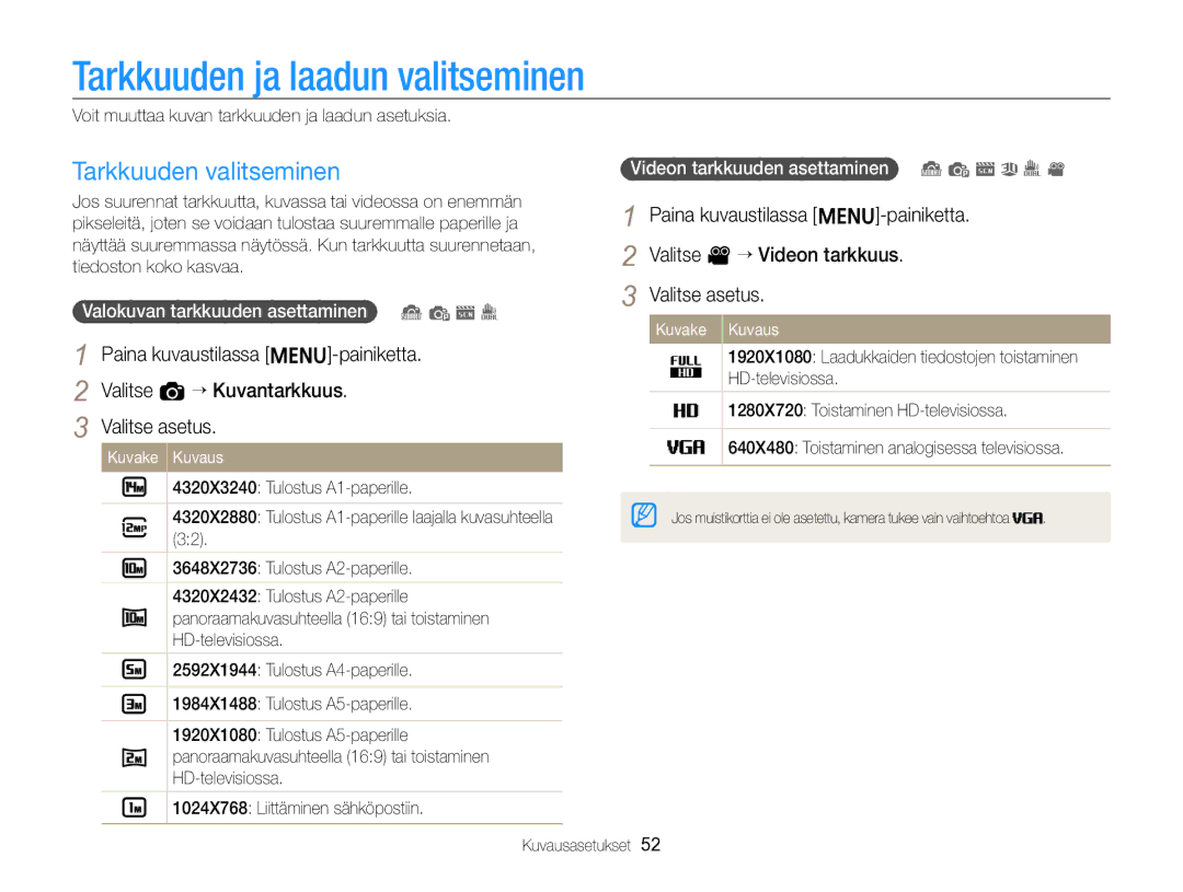 Samsung EC-ST96ZZBPBE2 Tarkkuuden ja laadun valitseminen, Tarkkuuden valitseminen, Valokuvan tarkkuuden asettaminen S p s 