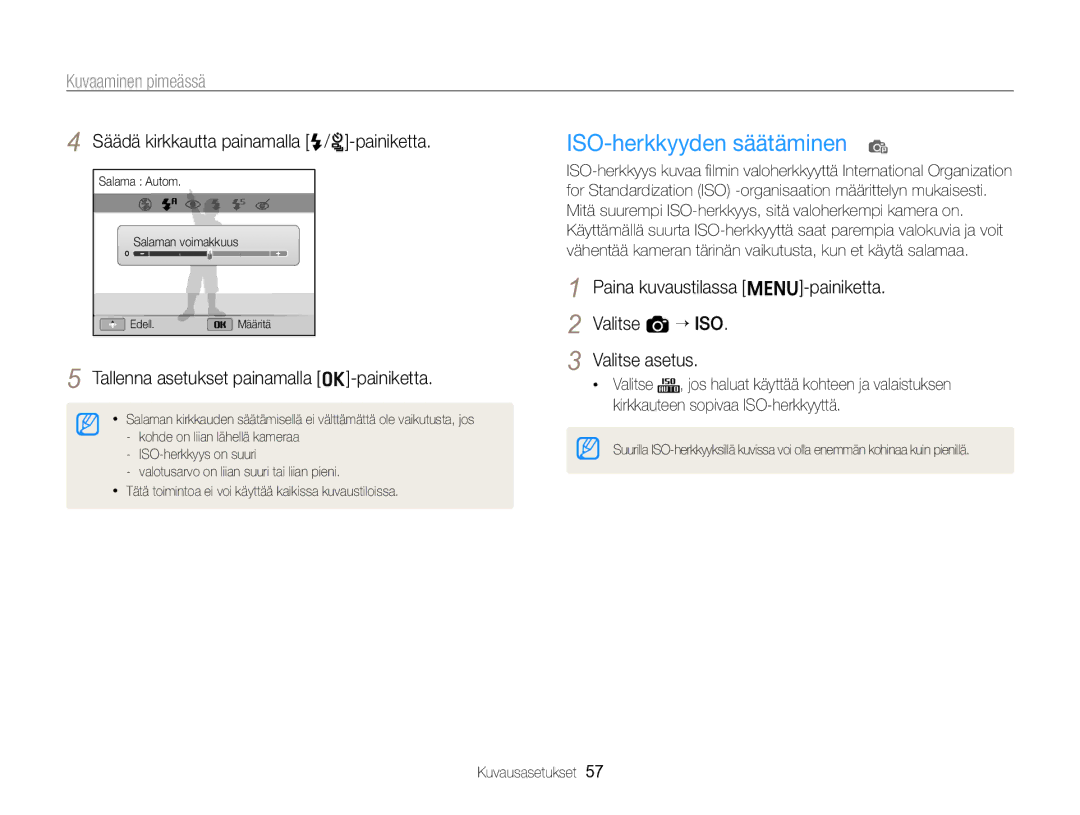 Samsung EC-ST96ZZBPBE2 manual ISO-herkkyyden säätäminen p, Säädä kirkkautta painamalla F/t-painiketta 