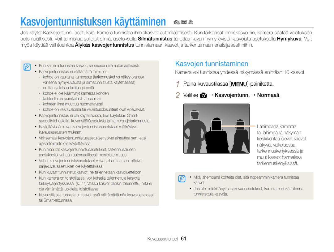 Samsung EC-ST96ZZBPBE2 manual Kasvojentunnistuksen käyttäminen p s, Kasvojen tunnistaminen 