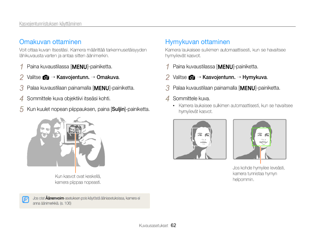 Samsung EC-ST96ZZBPBE2 manual Omakuvan ottaminen, Hymykuvan ottaminen, Kasvojentunnistuksen käyttäminen 