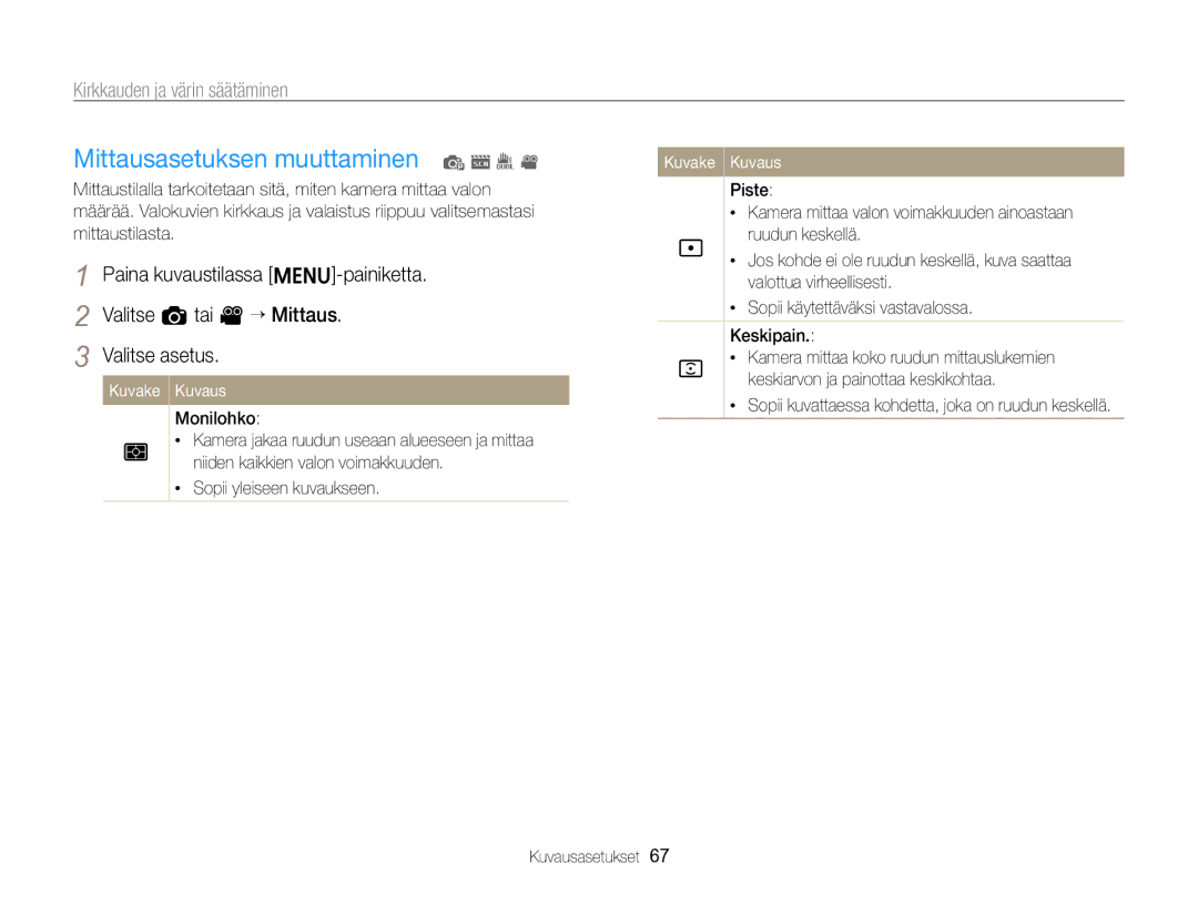 Samsung EC-ST96ZZBPBE2 manual Mittausasetuksen muuttaminen p s I, Kirkkauden ja värin säätäminen 