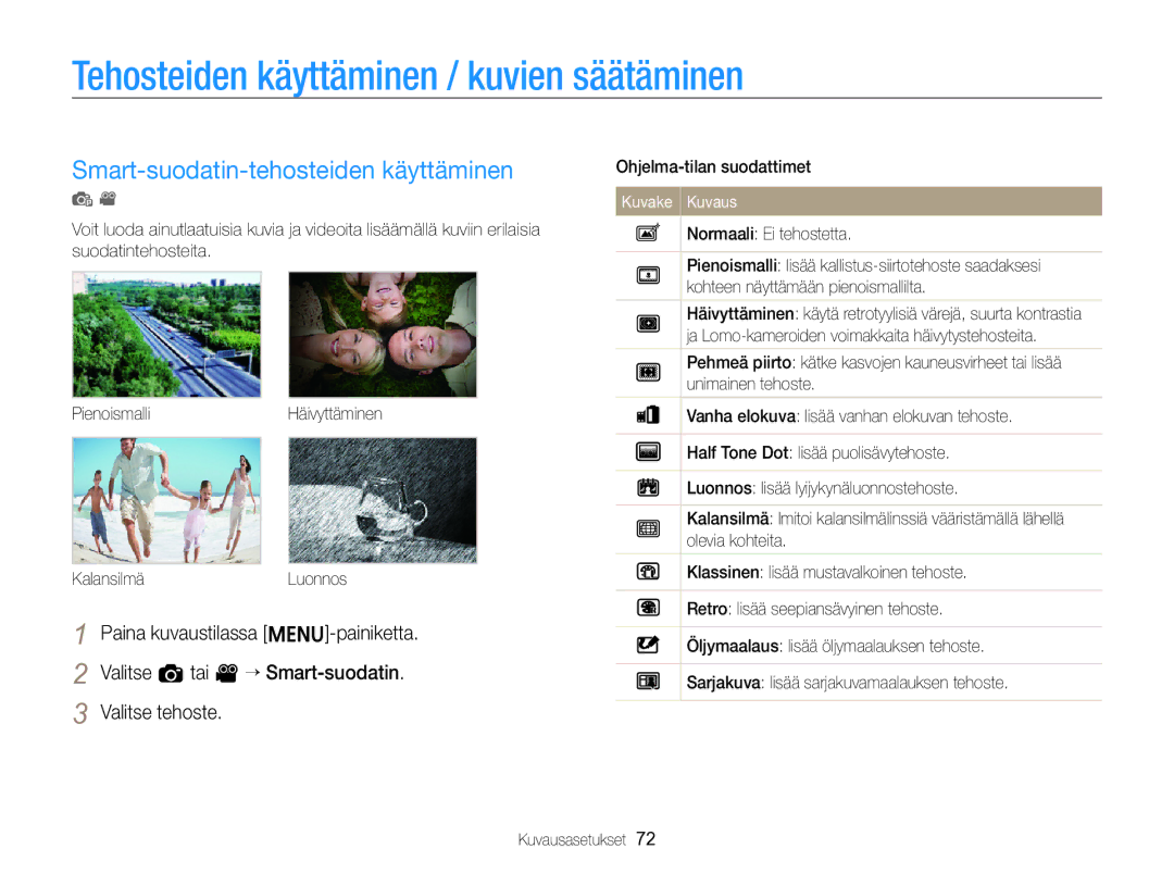 Samsung EC-ST96ZZBPBE2 manual Tehosteiden käyttäminen / kuvien säätäminen, Smart-suodatin-tehosteiden käyttäminen 