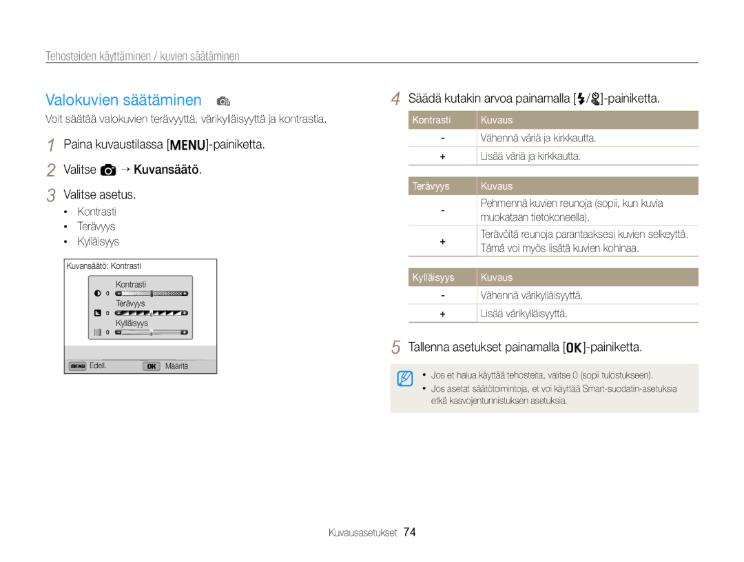 Samsung EC-ST96ZZBPBE2 manual Valokuvien säätäminen p, Paina kuvaustilassa m-painiketta Valitse a “ Kuvansäätö 