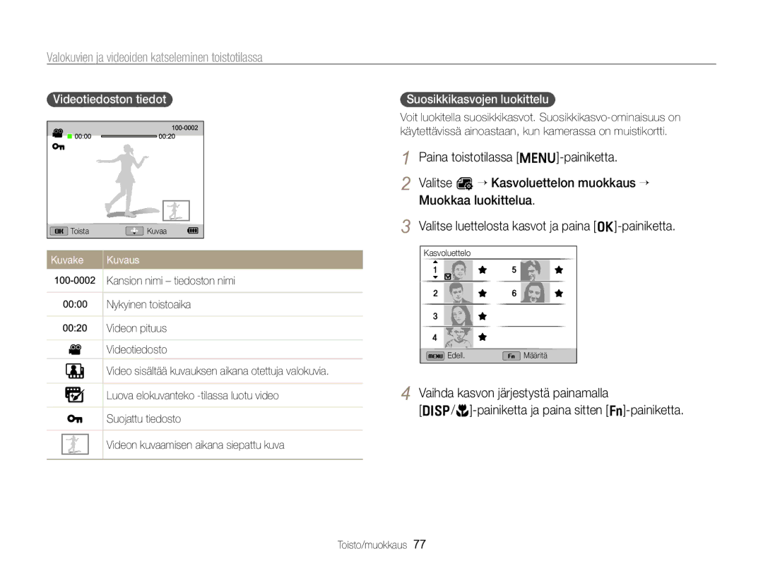 Samsung EC-ST96ZZBPBE2 manual Valokuvien ja videoiden katseleminen toistotilassa, Videotiedoston tiedot 