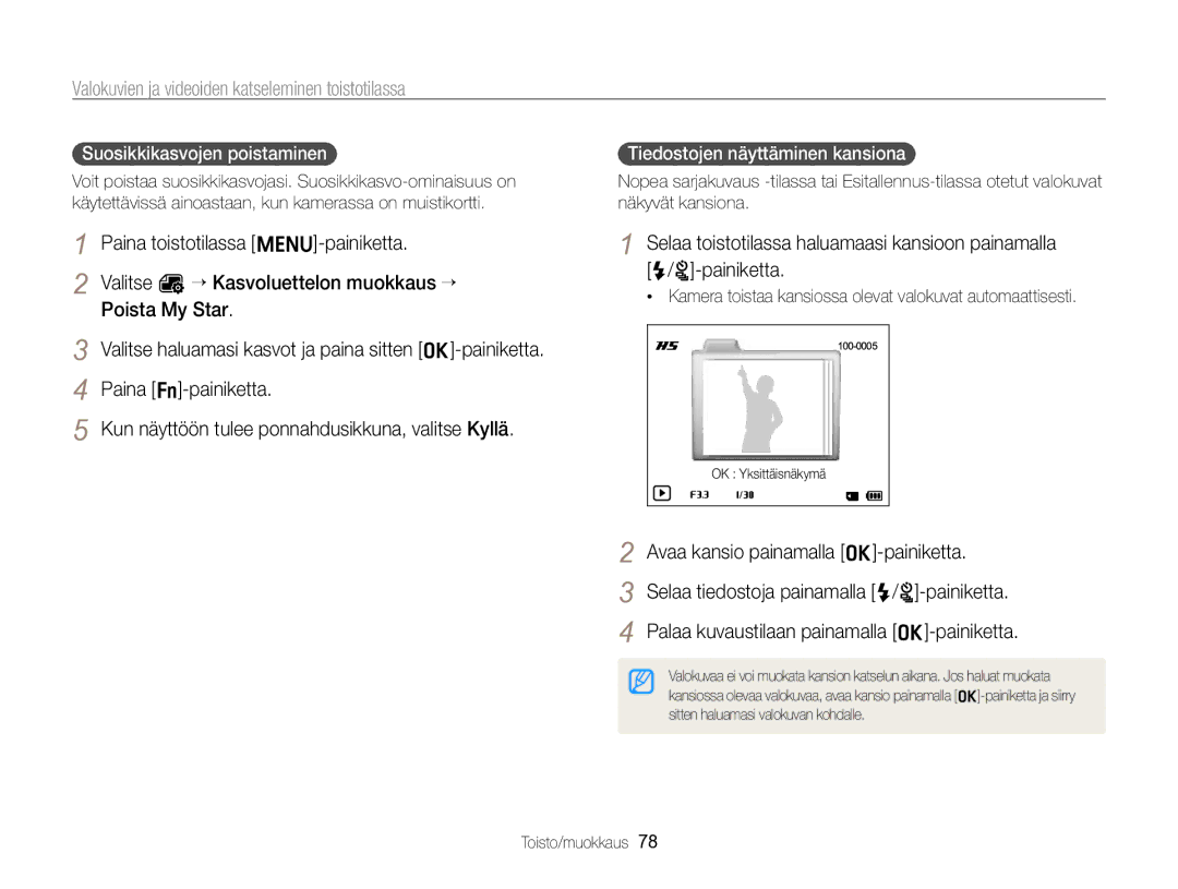 Samsung EC-ST96ZZBPBE2 Avaa kansio painamalla o-painiketta, Suosikkikasvojen poistaminen, Tiedostojen näyttäminen kansiona 