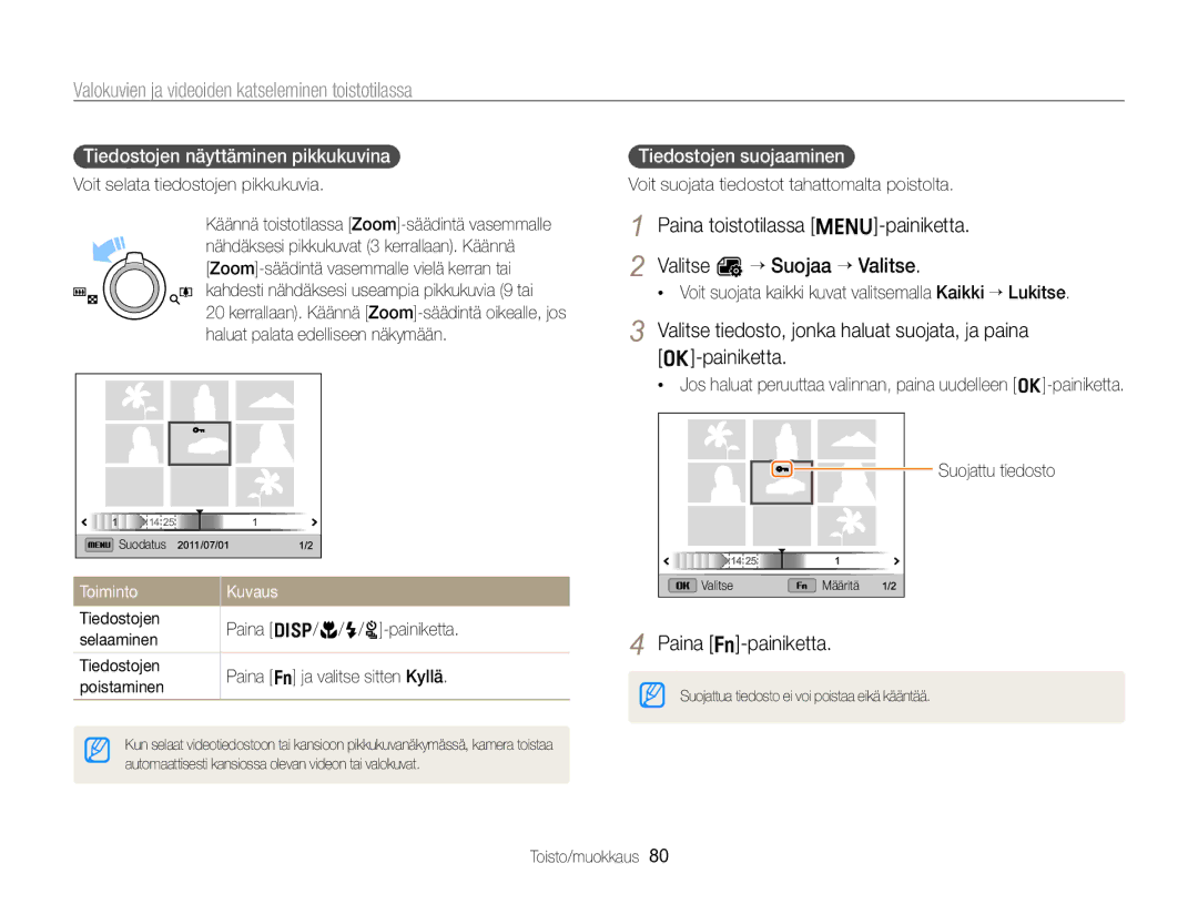 Samsung EC-ST96ZZBPBE2 manual Tiedostojen näyttäminen pikkukuvina, Tiedostojen suojaaminen, Toiminto Kuvaus 