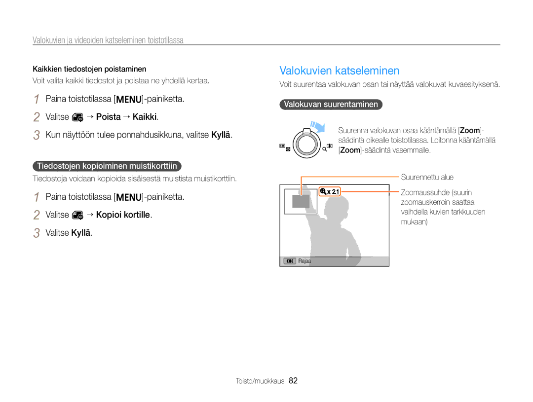 Samsung EC-ST96ZZBPBE2 manual Valokuvien katseleminen, Valitse u “ Kopioi kortille, Tiedostojen kopioiminen muistikorttiin 