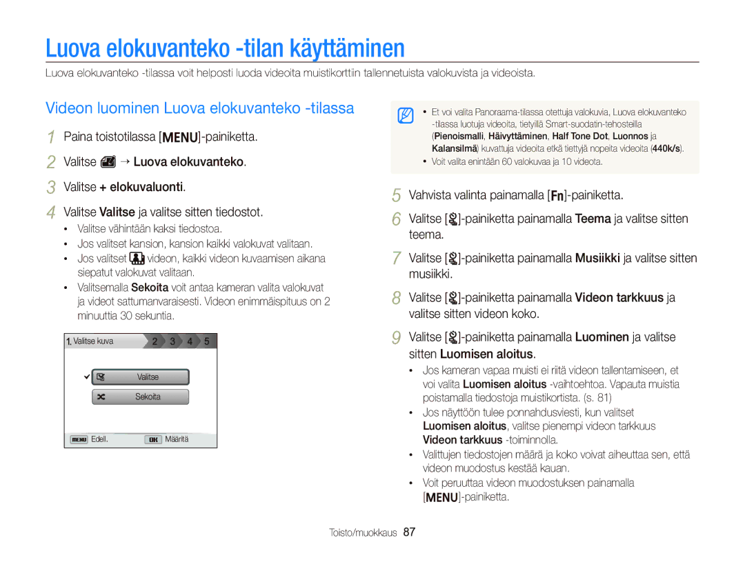 Samsung EC-ST96ZZBPBE2 manual Luova elokuvanteko -tilan käyttäminen, Videon luominen Luova elokuvanteko -tilassa 