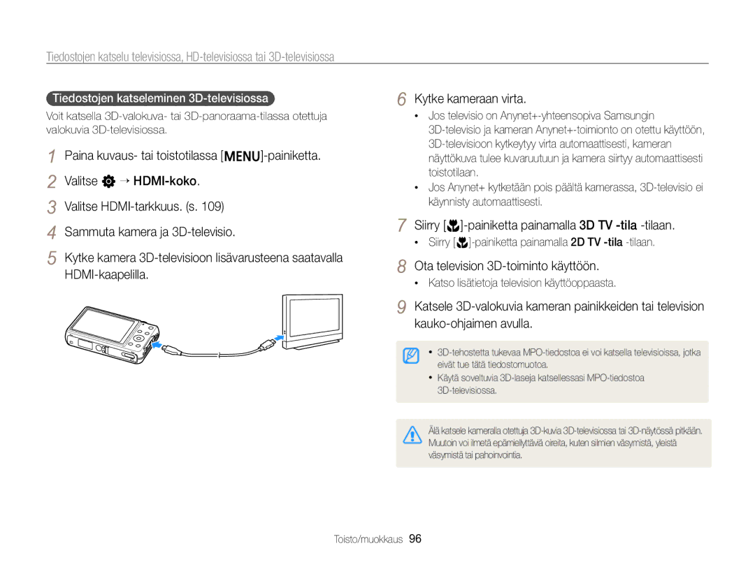 Samsung EC-ST96ZZBPBE2 manual Siirry c-painiketta painamalla 3D TV -tila -tilaan, Ota television 3D-toiminto käyttöön 