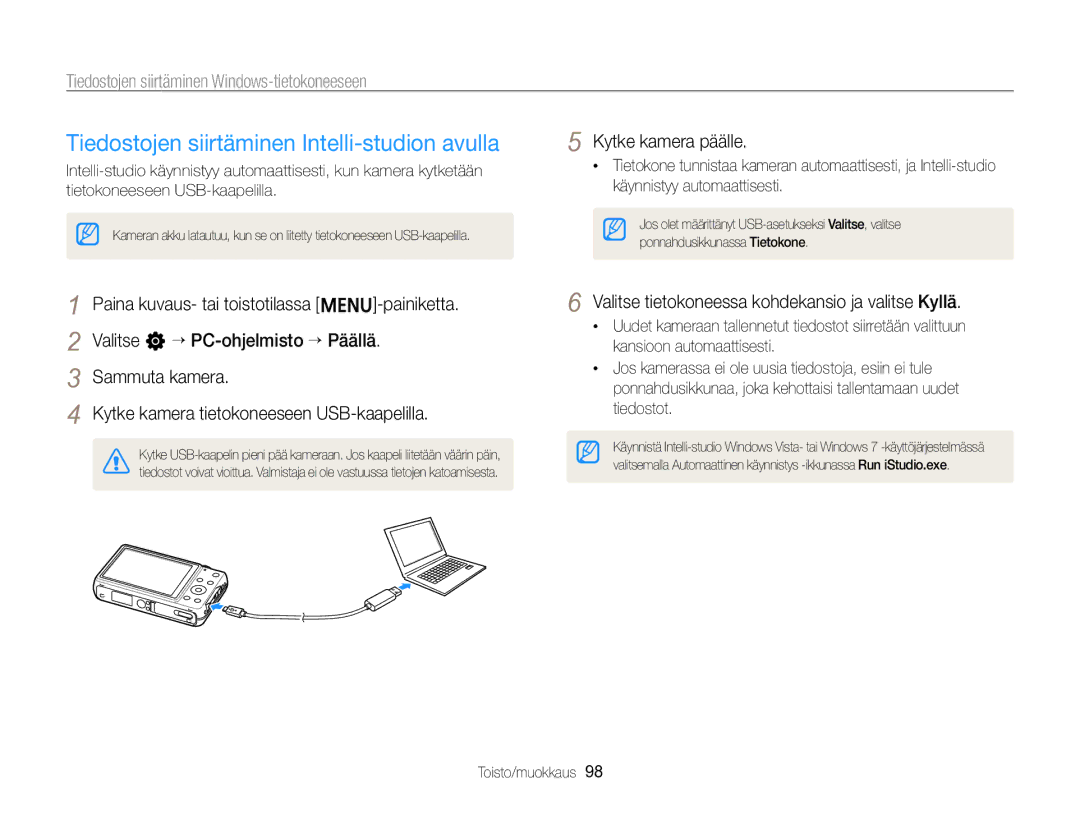 Samsung EC-ST96ZZBPBE2 Tiedostojen siirtäminen Intelli-studion avulla, Tiedostojen siirtäminen Windows-tietokoneeseen 