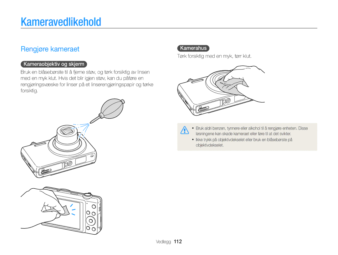 Samsung EC-ST96ZZBPBE2 manual Kameravedlikehold, Rengjøre kameraet, Kameraobjektiv og skjerm, Kamerahus 