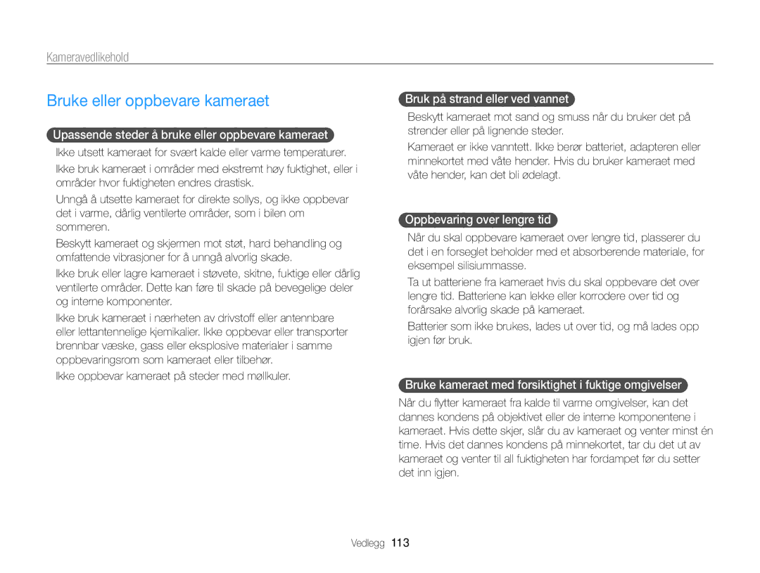 Samsung EC-ST96ZZBPBE2 manual Bruke eller oppbevare kameraet, Kameravedlikehold 