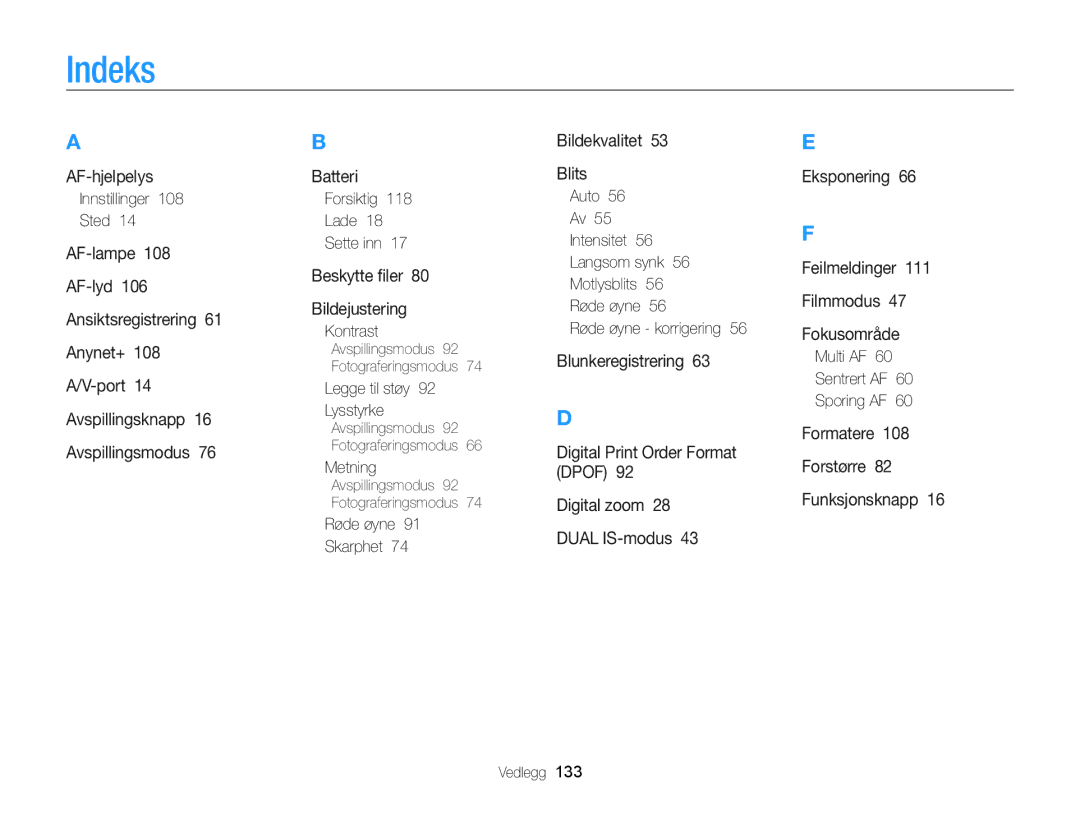 Samsung EC-ST96ZZBPBE2 manual Indeks 