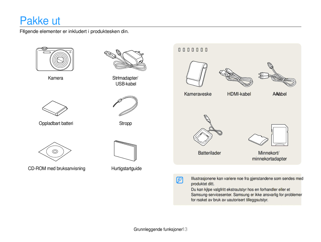 Samsung EC-ST96ZZBPBE2 manual Pakke ut, Kameraveske HDMI-kabel, Oppladbart batteri, Grunnleggende funksjoner 