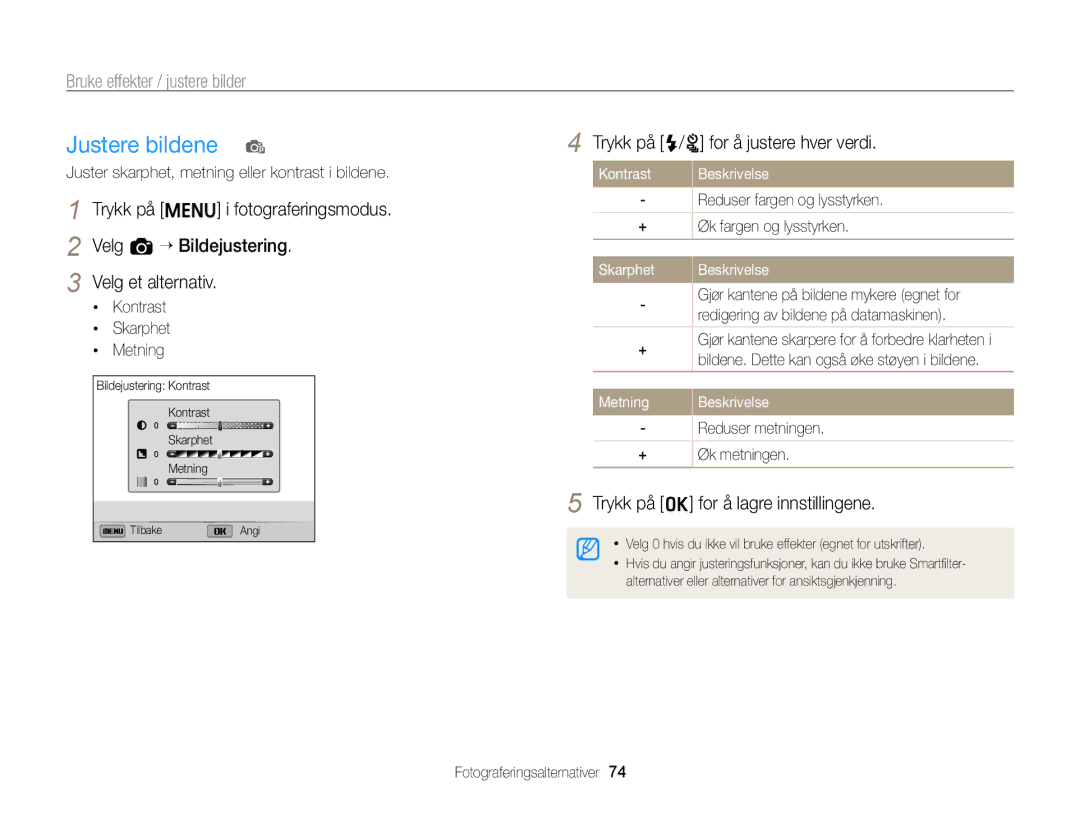 Samsung EC-ST96ZZBPBE2 manual Justere bildene p, Trykk på m i fotograferingsmodus Velg a “ Bildejustering 