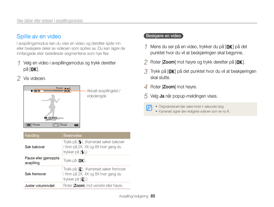 Samsung EC-ST96ZZBPBE2 manual Spille av en video, Roter Zoom mot høyre, Beskjære en video 