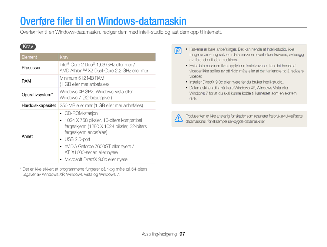 Samsung EC-ST96ZZBPBE2 manual Overføre ﬁler til en Windows-datamaskin, Element Krav 